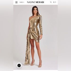 Nadine Merabi Gold dress with Drape, one shoulder